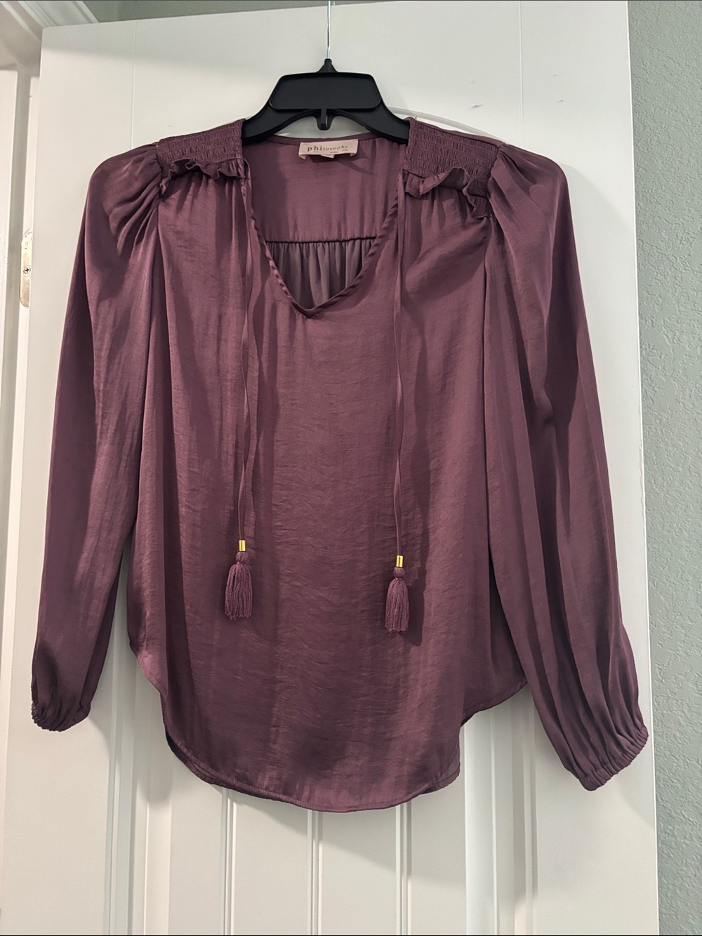 Philosophy Dusty Plum Tassel Tie-Neck Blouse